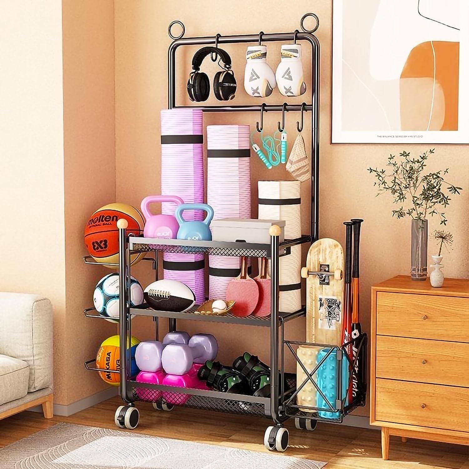 GFertre Home Gym Storage Rack for Weight Set, Exercise Equipment Organization,Workout Organizer,Weight Rack,For Dumbbells,Kettlebell,Yoga Mat and Strength Training Equipment, Basketball Ball Storage, 