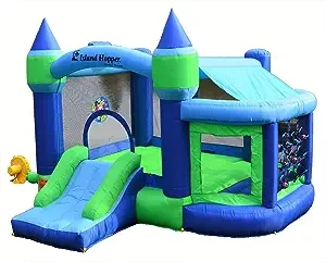 Island Hopper Shady Playhouse with Shaded Canopy - Recreational Children's Bounce House with Padded Floor Side Room, Basketball, Target Throw, tic-tac-toe