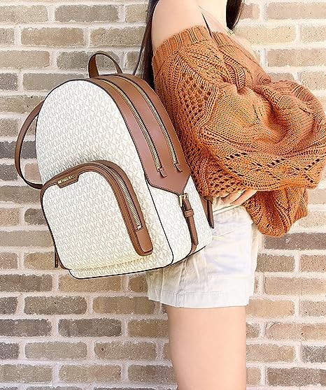 Michael Kors Jaycee Large Backpack School Bag Bundled Jet Set Travel Large Trifold Wallet MK Signature (Vanilla MK)