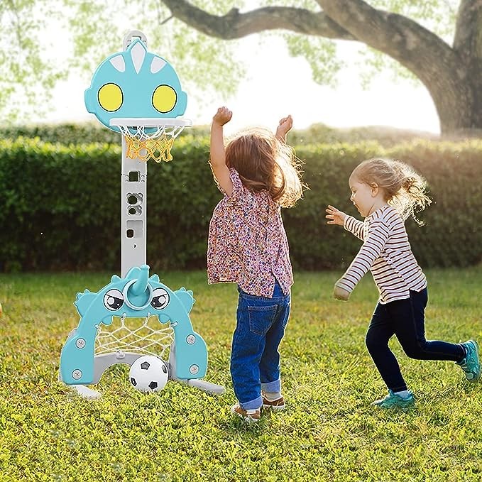 Kids Basketball Rim Set 4 in 1 Sports Activity Center Easy Score Soccer Goal Ring Height Adjustable