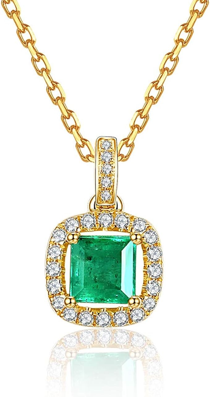 Carleen 14K Pure Gold Vivid Green Natural Emerald May Birthstone Oval/Cross/Halo/Princess Cut Pendant Necklace Delicate delicate jewelry, suitable for ladies and girls, 45.72cm, gold, emerald