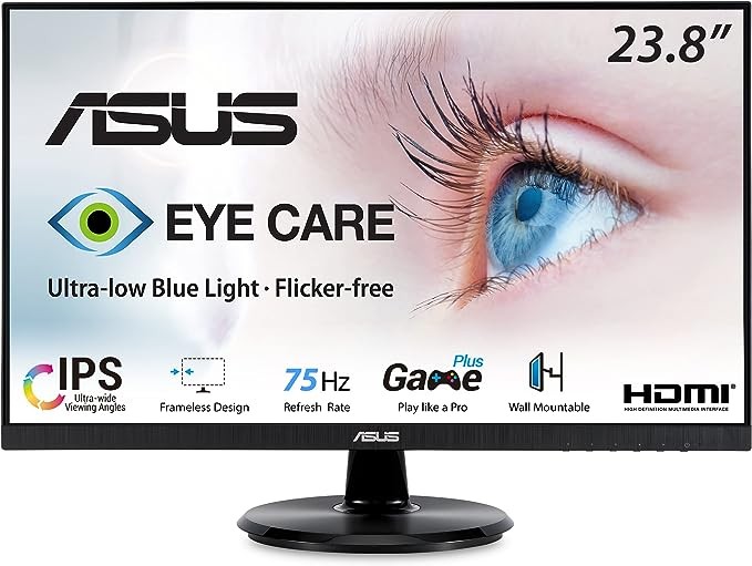 ASUS VA24DQ 23.8” Monitor, 1080P Full HD, 75Hz, IPS, Adaptive-Sync/FreeSync, Eye Care, HDMI DisplayPort VGA, Frameless, VESA Wall Mountable ,BLACK
