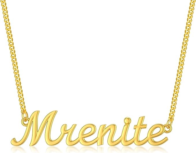 MRENITE 10k 14k 18k Pure Gold Personalized Name Necklace - exquisite nameplate jewelry - for her ladies men custom any name gift, metal, base