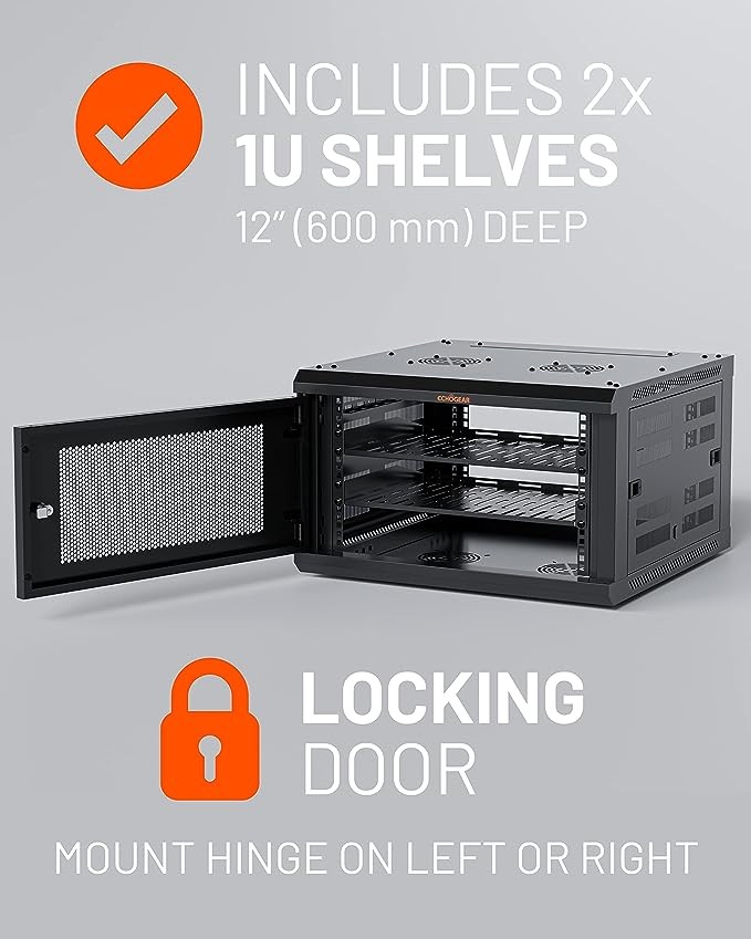 ECHOGEAR 6U Network Rack - Enclosed Wall Mount Rack Kit Includes 2X 1U Shelves, Pre-Mounted Fan, Lockable Door & Hardware - 600mm Depth Fits All Your AV Gear